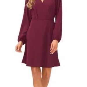 Halogen long-sleeve wrap dress burgundy-wine hue classic collared V-neckline.